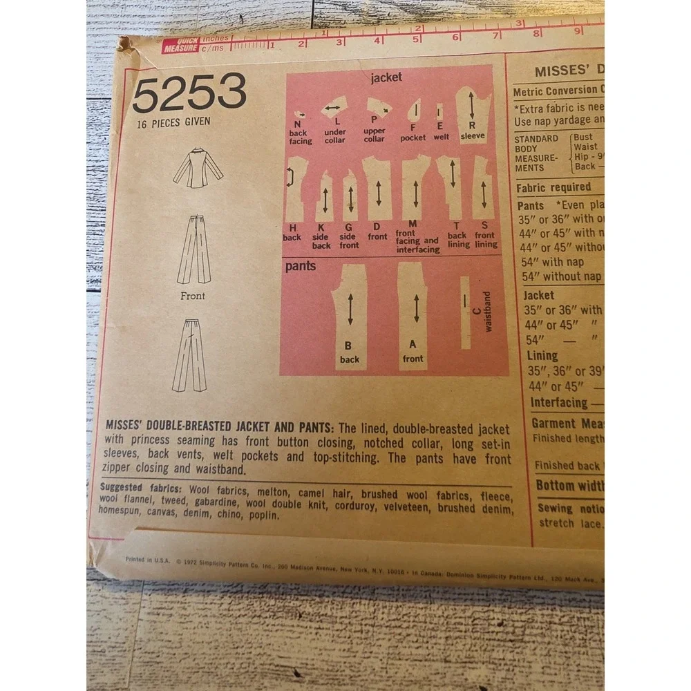 Simplicity Jacket Pants Size 10 Pattern 5253